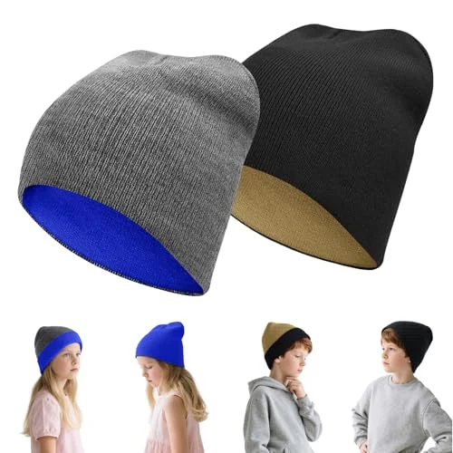 Rosoz 2-Pack Kids Knit Beanie Boys Girls Beanies- Kids Winter Reversible Beanie Hats with Double Sides for 7-12 Years