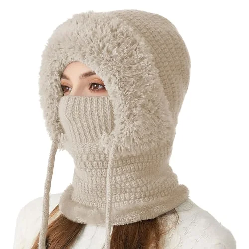 3 in 1 Beanie Hat with Scarf and Mask, Womens Knit Winter Set, Fleece Lined, Snow Caps (Beige)