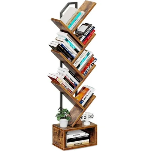 6-Tier Tree Bookshelf for Corner & Small Space — Narrow Steel & Wood Bookcase with Storage Cabinet