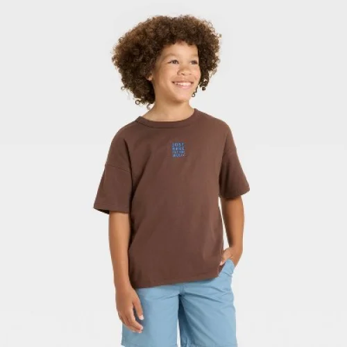 Boys' Short Sleeve Relaxed Oversized Fit Embroidery T-Shirt - Cat & Jack™ Brown XS