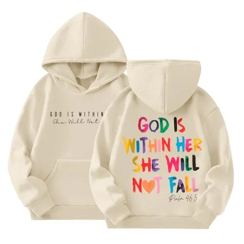Sulayesh God is Within Her She Will Not Fall Hoodies for Girls Christian Jesus Sweatshirt Religious Bible Verse Preppy Top（Apricot,11-12 Years