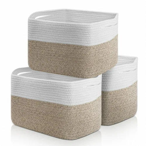 3 Pack 11''x11''x9'' Rectangle Woven Cotton Rope Storage Baskets for Organization and Decor