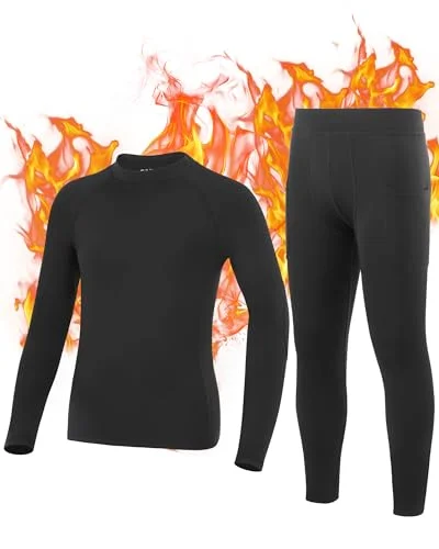 Roadbox Boys Thermal Underwear Sets Ultra Soft FLeece Lined Long Johns Base Layer Top and Bottoms with Pockets Black