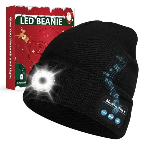 Bluetooth Beanie Hat with Light, Headlamp Cap with Headphones and Built-in Speaker Mic, Black