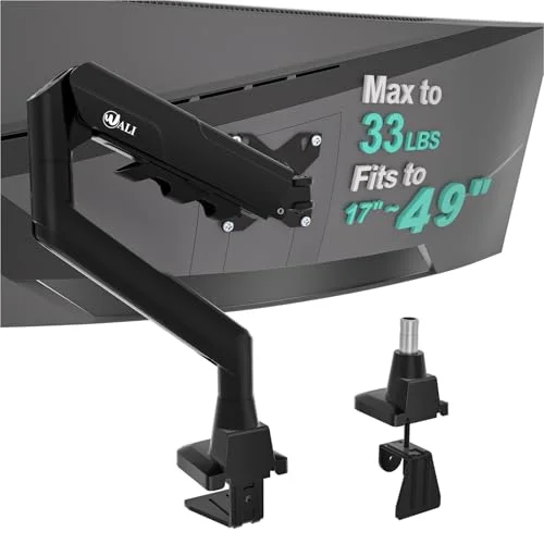 WALI Heavy Duty Single Monitor Arm for 17-49 Inch Flat Curved Ultrawide Screens, up to 33 Lbs, Adjustable Gas Spring Single Monitor Desk Mount for Home Office Gaming, VESA 75/100mm (GSM001XLN), Black
