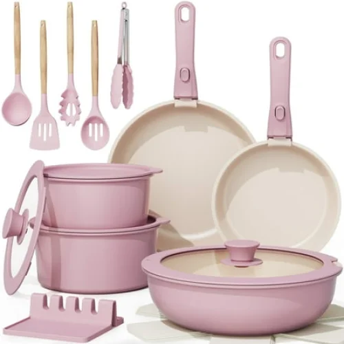 20-Piece Astercook Ceramic Pots and Pans Set, Nonstick Cookware, Pink, Induction Compatible, Oven Safe