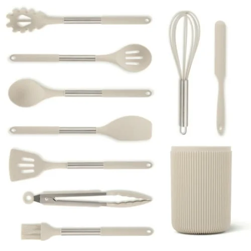 Thyme & Table 10-Piece Silicone Gadget Set - Taupe Utensil Set for Kitchen Use