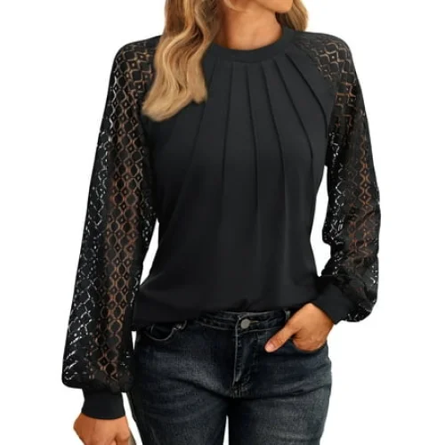 SUNBS Blouses for Women Lace Tunic Tops Crewneck Casual Fashion Long Sleeve Shirts
