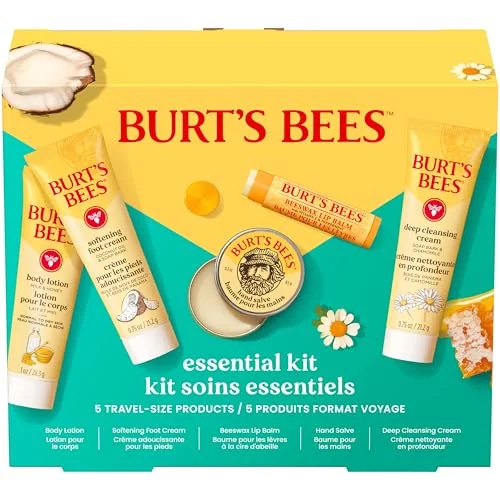 Burt's Bees Christmas Gifts - Essentials Everyday Set, 5 Travel Size Products for Stocking Stuffers - Deep Cleansing Cream, Hand Salve, Body Lotion, Foot Cream and Original Lip Balm