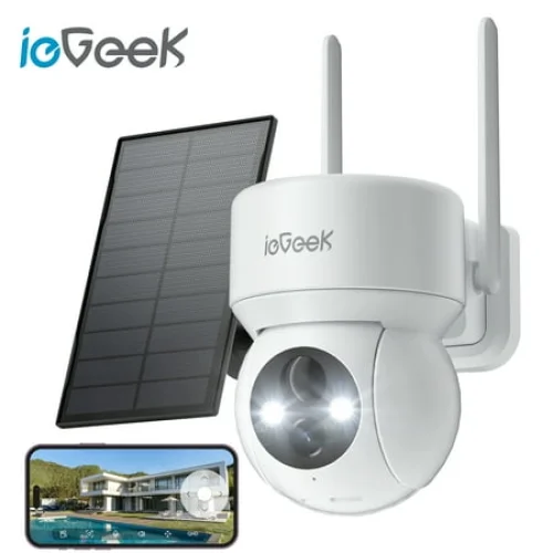ieGeek Security Cameras Wireless Outdoor, 2K WiFi Solar Camera for Home Surveillance, 360 View PTZ, Battery Powered, Color Night Vision, Motion Sensor