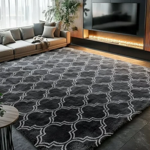 Pentantan 5ft x 8ft Geometric Shag Area Rugs for Living Room, Moroccan Fluffy Bedroom Carpet, Dark Gray