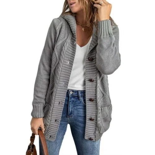 Women's Eytino Hooded Cardigan Sweater with Pockets, Long Sleeve, Button Down Knit Coat