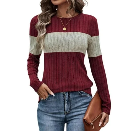 Women's Striped Color Block Knit Sweater Long Sleeve Crew Neck Slim Fit Pullover Top Lightweight Casual Wear