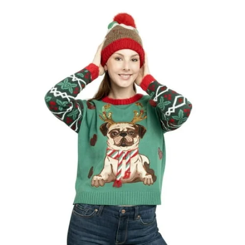 Women's Jollidays Reindeer Pug Ugly Christmas Sweater - Festive Holiday Design for Women