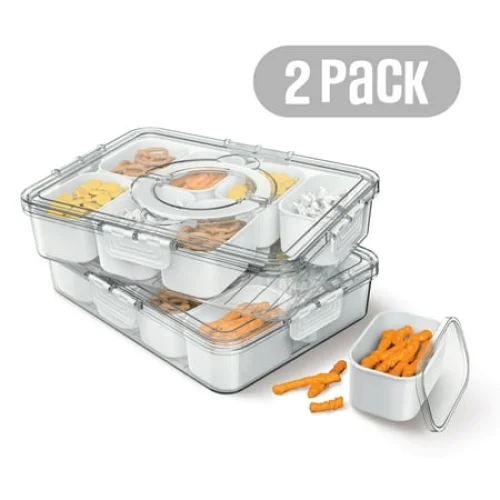 Cook With Color 2-Pack 8-Compartment Snackle Box, Charcuterie and Snack Container, Divided Serving Tray with Lids and Handle, Dishwasher Safe, White