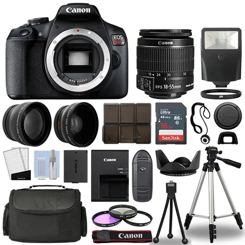 Canon EOS Rebel T7 / 1500D SLR Body+ 3 Lens Kit 18-55mm + 32GB + Flash & More