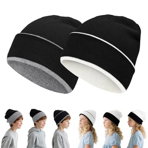 Rosoz 2-Pack Kids Beanie Boys Girls- Reversible Beanie with Double Sides- Big Kids Winter Hat for 7-12 Years Kids Knit Warm Caps