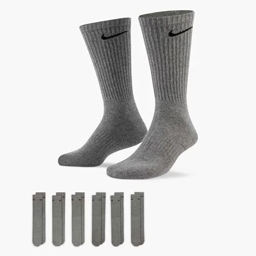 Nike Unisex Everyday Cushioned Training Crew Socks (6 Pairs), Carbon Heather/Black, Large