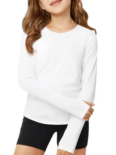 Haloumoning Girls Long Sleeve Athletic Shirts Lightweight Yoga Tops Crewneck Gym Tees with Thumb Holes White