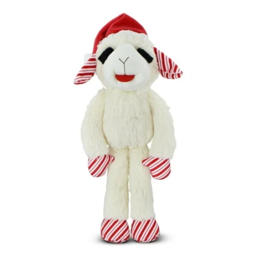 Multipet Plush Jumbo Holiday Lamb Chop Dog Toy, Squeaker, Red and White Striped Ears and Paws, Santa Hat, 19"