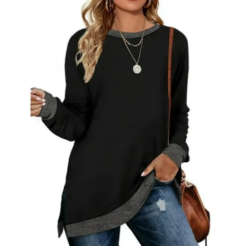 SWQZVT Womens Fall Tops Long Sleeve Shirts Crewneck Loose Casual Pullover Fashion Color Block Side Split Black Tunic Tops Lightweight Sweatshirts Size L