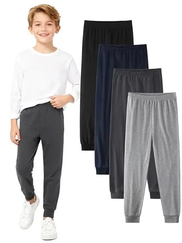 Cvaoo 4 Pack Boys Cotton Pants - Boys Long Underwear Thermal Pants Bottom Joggers for Sports Everyday Activities