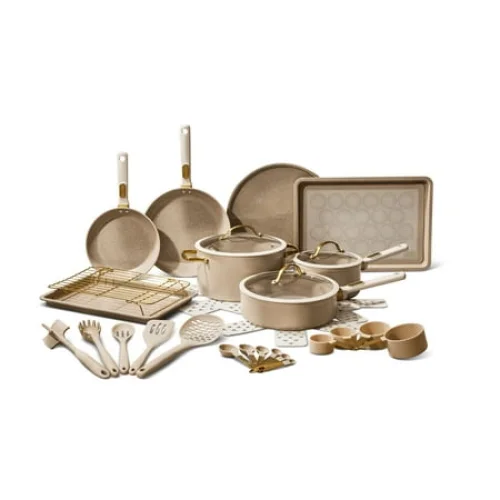 32-Piece Thyme & Table Aluminum Cookware Set - Taupe Nonstick Kitchen Cookware