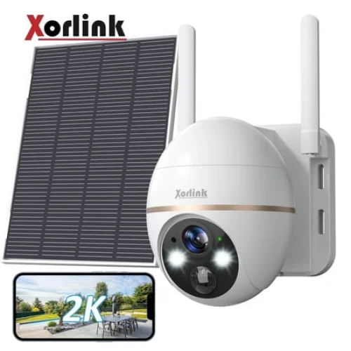 2K Solar Security Camera with Spotlight, Xorlink 360° View Wireless Outdoor Camera, Waterproof PIR Detection, Rechargeable Battery Powered Home Surveillance Camera with Color Night Vision 2-Way Audio