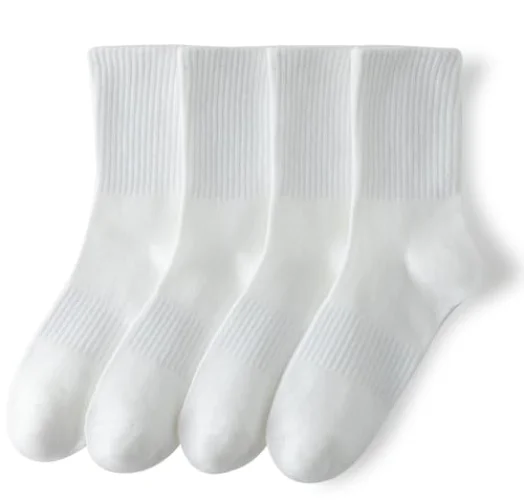 YUWELL Womens Striped Crew Socks, Cotton Cozy Casual Socks for Women 4 Pairs, Size 5-10, Pure White
