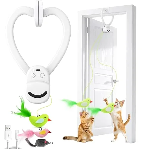 Interactive Cat Toys for Indoor Cats: Automatic Flying Bird Feather Wand Chase Exercise Enrichment Stimulation, USB Rechargeable Durable Safe Hanging Toy for Bored Kittens Adult Multi Cat Households