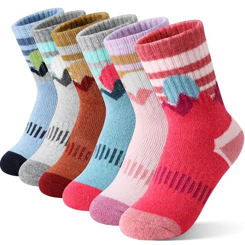 Sandsuced Kids Girls Toddlers Merino Wool Hiking Socks Thermal Warm Winter Cozy Crew Outdoor Socks 6 Pairs Gift Stocking Stuffers(Sun Mixed,8-12 Years)