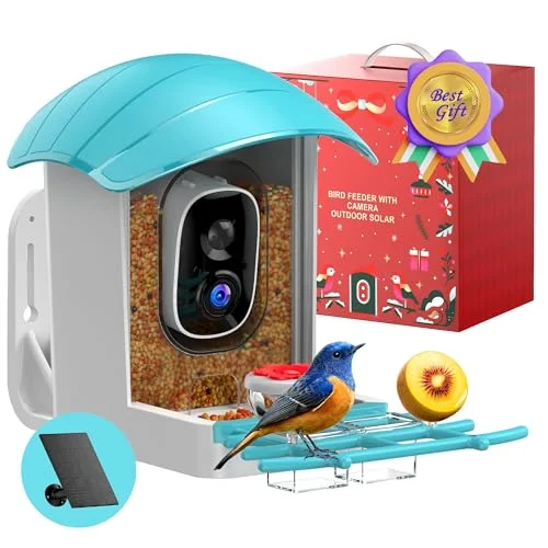 Bird Feeder with Camera Solar Powered: Smart Bird Feeders for Outdoors Garden with AI Identify Auto Capture 2K HD Bird House with Camera Outside WiFi Live View Birdfeeder Cam Gift for Birds Lover