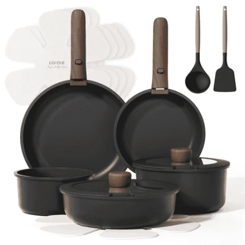 Carote 15 Pcs Nonstick Cookware Sets, Granite Non Stick Pots and Pans with Removable Handles, Oven Safe, Induction Compatible, Black