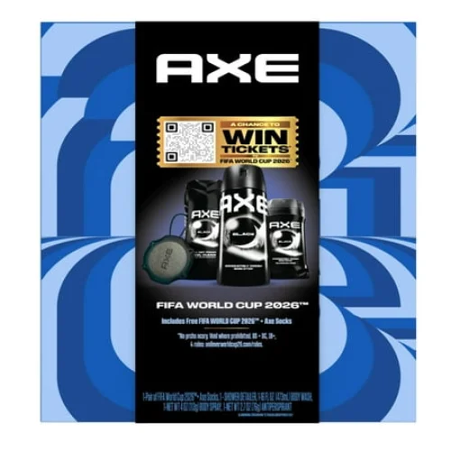 AXE Black Regimen x Fifa World Cup Body Care Gift Set with Body Wash, Deodorant Spray, Antiperspirant Stick & Shower Tool + Socks, 4 Count