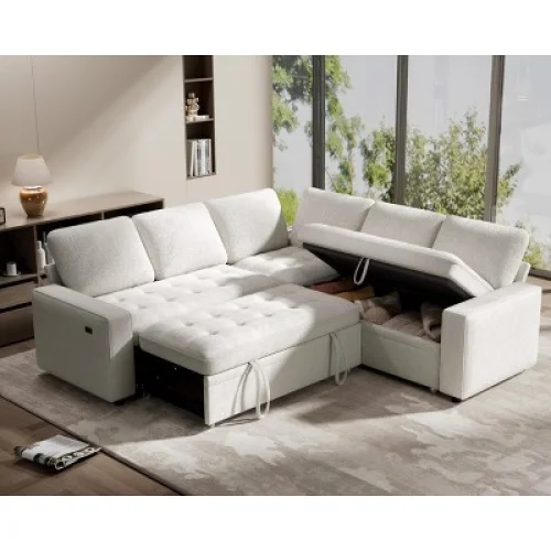 5-Seat Sectional Sleeper Sofa Bed with Pull Out Bed, Adjustable Backrest, USB Ports, L-Shaped Design