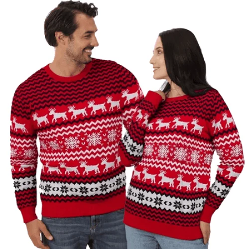 Men's Christmas Sweater Family Couples Warm Knitted Pullover Top with Elk and Snowflake Design