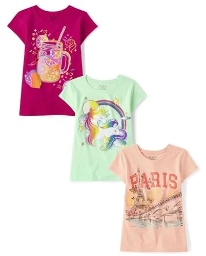 The Children's Place,Girls,Unicorn Short Sleeve Graphic T-Shirts,Multipacks,Unicorn Rainbow/Lemonade/Paris 3-Pack,X-Small