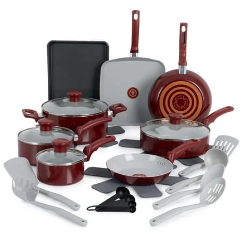 22 Piece T-fal Kitchen Solutions Ceramic Cookware Set, Red
