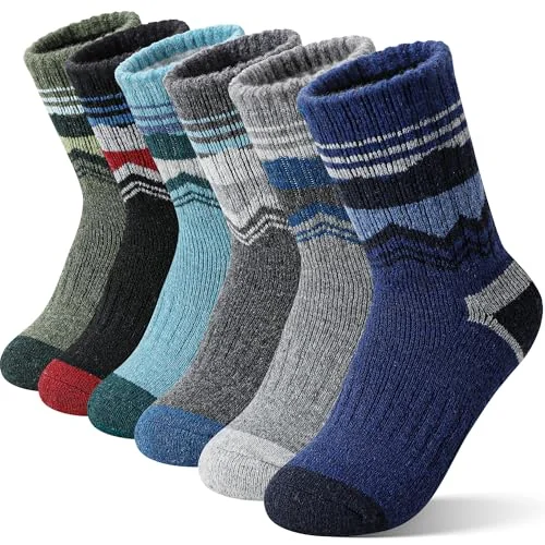 EBMORE Kids Merino Wool Hiking Socks Boys Toddlers Girls Winter Thermal Thick Warm Boot Cushion Ski Snow Gift Socks Stocking Stuffers 6 Pair(Black/Gray/Blue/Deep Green,8-12 Years)