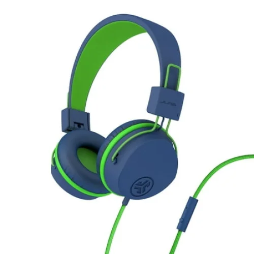 JLab JBuddies Studio On-Ear Kids Wired Headphones, Blue/Green, Studio Volume Safe, Volume Limiter, Folding, Adjustable, Noise Isolation, with Mic