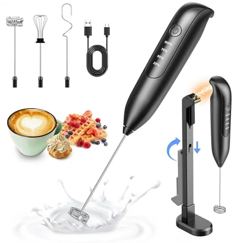 Dynooper Electric Milk Frother Handheld: Rechargeable 3 in 1 - LED Digital Display with 3 Speeds Portable Stainless Steel Drink Foam Mixer for Milk Coffee, Lattes, Cappuccino, Matcha - Starlight Black