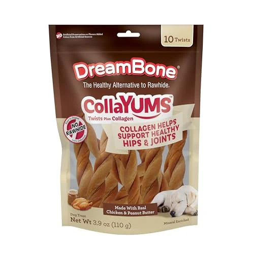DreamBone CollaYUMS Twists Plus Collagen Chews for Dogs, 10 Count, Treat Your Dog to Rawhide-Free Chews Made with Chicken, Vegetables and Peanut Butter