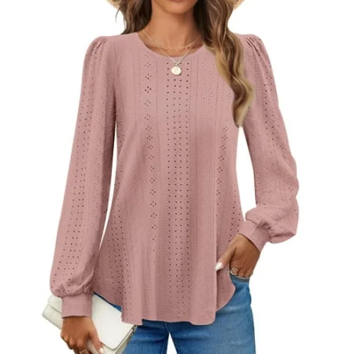 Fantaslook Eyelet Blouses for Women Dressy Casual Long Sleeve Shirts Crew Neck Fall Trendy Tops