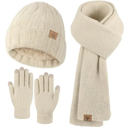 Winter Beanie Hat Scarf Gloves Set - Warm Fleece Knit Hat, Long Scarf, Touch Screen Gloves