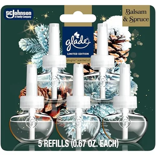 5 Count Glade PlugIns Refills Air Freshener Balsam & Spruce Scented Essential Oils for Home and Bathroom