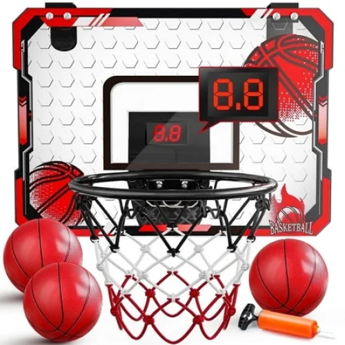 JoyStone Indoor Basketball Hoop for Kids, Mini Basketball Hoop with Electronic Scoreboard & Sounds, Over The Door Basketball Hoop 3 Balls for Kids & Adults, Red