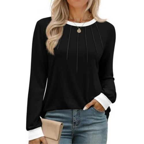 Fantaslook Women Blouses Color Block Long Sleeve Shirts Pleated Fall Tops Fashion Dressy Blouses