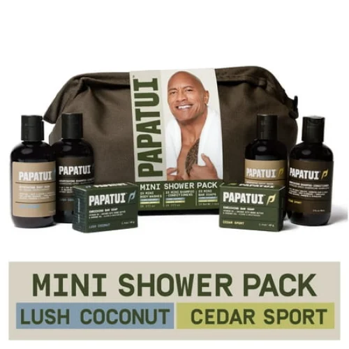 Papatui Holiday Gift Set, Men's Care Mini Shower Pack, Mini Shampoo Conditioner, Body Wash, Bar Soap, Lush Coconut and Cedar Sport Scent