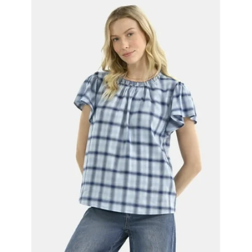 Time and Tru Women's Cotton Ruffle Neck Blouse with Flutter Sleeves, Sizes XS-XXXL