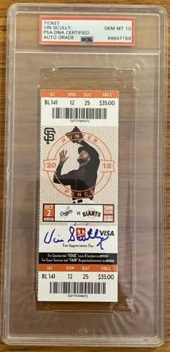 Vin Scully Signed Autographed Baseball Ticket Final Dodger Call 10/2/2016 PSA 10